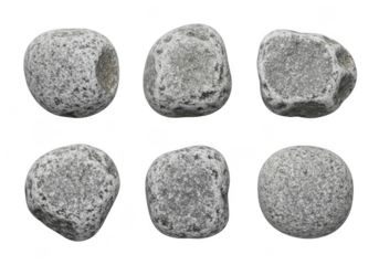 Six distinct small rough textured pebble stones isolated on a dark contrasting background suggesting natural geology transparent background