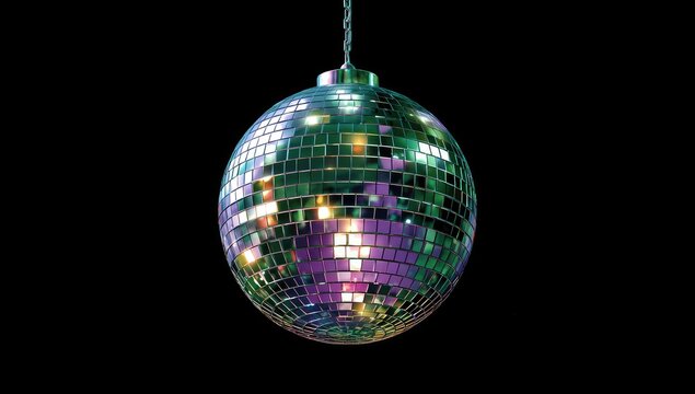 A shimmering disco ball hangs in the dark