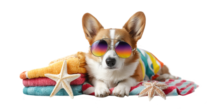 dog on a transparent background wearing glasses, summer concept