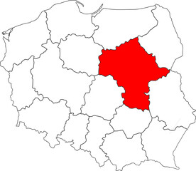 Map of Poland with Masovian (Mazowieckie) Voivodeship highlighted. A detailed vector for geographic, administrative, and regional analysis. Perfect for educational content.

