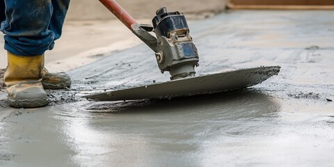 Worker uses power trowel to smooth wet concrete floor during construction