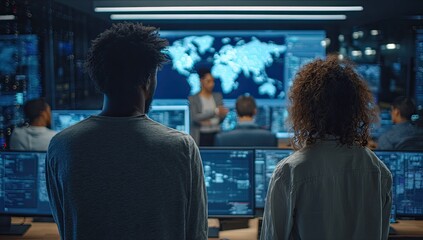 Diverse team in a modern server room, listening to a presentation