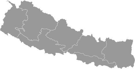 Grey silhouette map of Nepal with all provincial borders clearly outlined. A clean and detailed vector for geographic and regional analysis.

