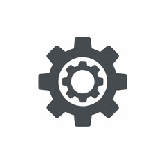 Obraz premium Graphic illustration of two gears meshed together, one larger and one smaller, in a dark gray color against a white background.