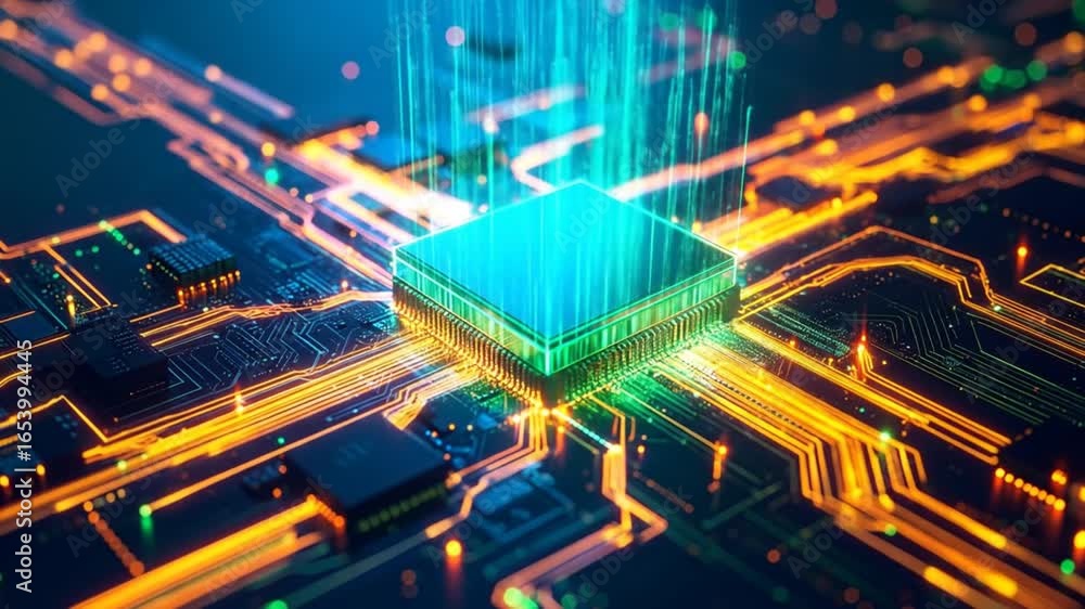 Poster futuristic circuit board visualization: high-tech abstract digitalization processing power concept