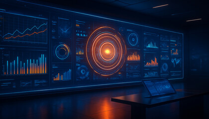 Futuristic data dashboard with neon charts and graphs in blue and orange glowing interface