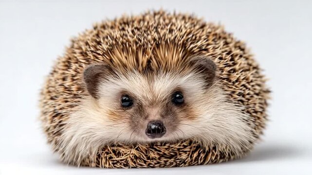 A curled-up hedgehog with brown and tan spines facing forward on a white background