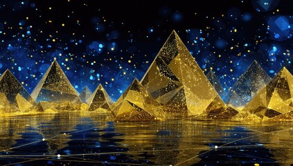 Golden pyramids reflecting in a dark water landscape