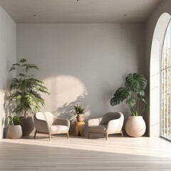 Fototapeta premium Cozy interior design featuring two light gray armchairs, decorative plants in stylish pots, and large windows allowing natural light to illuminate the serene living space