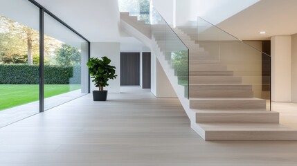 Fototapeta premium Modern minimalist interior design with staircase and large glass windows in bright space