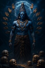 Shiva Mahakal Blue God with Floating Hands and Skulls in Dark Dramatic Sky