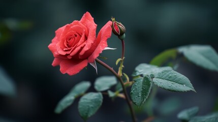 Obraz premium Vibrant Red Rose with Dew Drops Against a Soft Focused Green Background in Nature