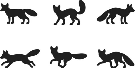 PrintFox silhouette vector set, wildlife animal icons, nature-themed graphic design elements, black fox shapes for creative illustration projects