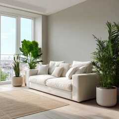 Modern living room featuring a cozy white sofa, decorative pillows, lush green plants, and large windows allowing natural light to illuminate the serene interior space