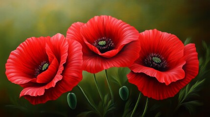 Vibrant Red Poppies Blossom Against a Soft Green Background in a Fine Art Style