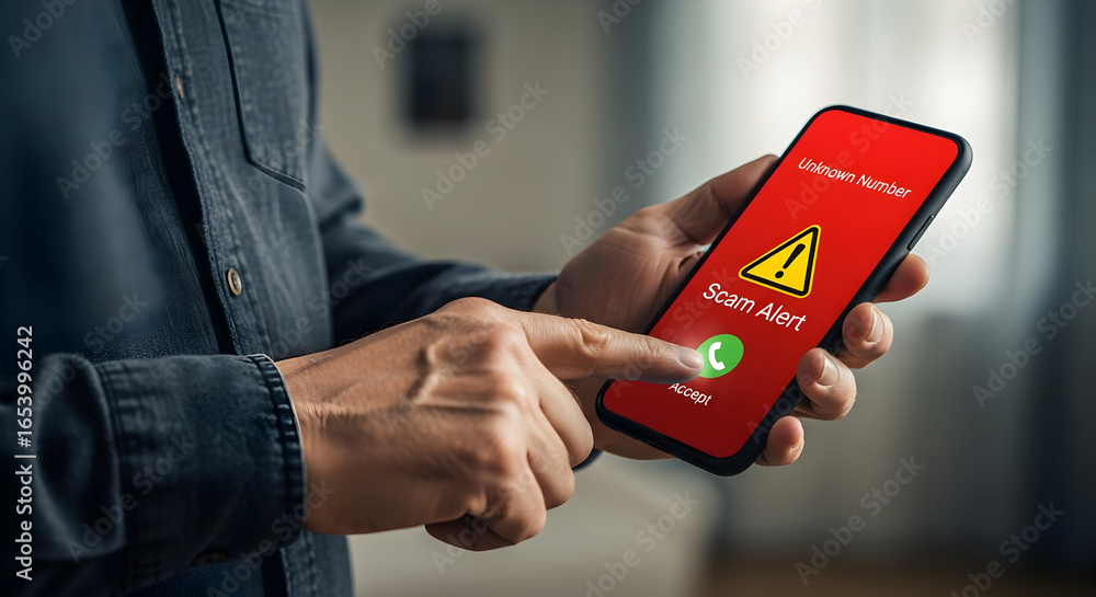 Poster person using a smartphone with a red error notification on the screen, representing a technology mal