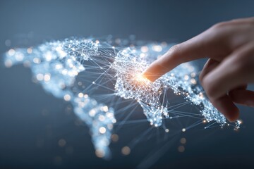 A hand points to a location on a digital world map