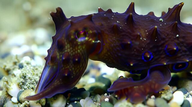 Striking marine cephalopod with spiky texture and vivid blue ocelli on the ocean floor, showcasing underwater wildlife