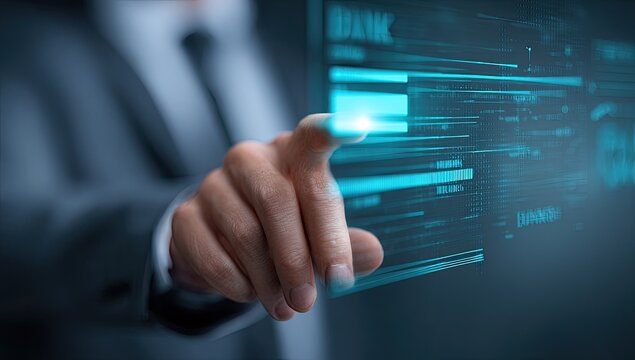 Businessperson interacts with a holographic financial interface