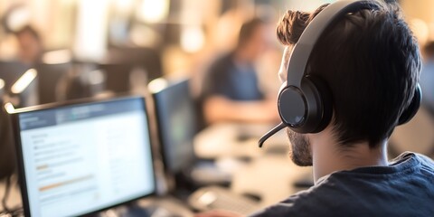 Customer service representative wearing headphones with a microphone working in a busy office environment