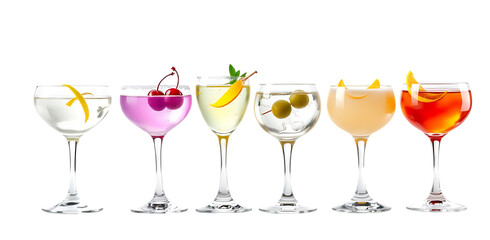 A row of five various colorful cocktails with garnishes in different glasses, Isolated on transparent background

