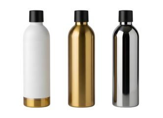 Three aluminum bottles with black lids in white, gold, and silver color isolated on a white background, Isolated on transparent background

