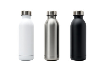 Three reusable insulated bottles in white, silver and black, Isolated on transparent background

