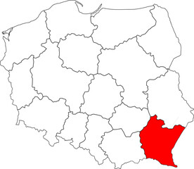 Map of Poland with Subcarpathian (Podkarpackie) Voivodeship highlighted. A detailed vector for geographic, administrative, and regional analysis. Perfect for educational and travel content.