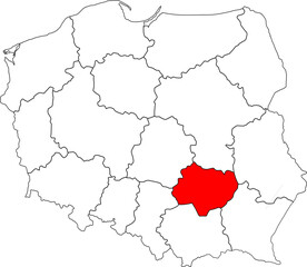 Map of Poland with Świętokrzyskie Voivodeship highlighted. A detailed vector for geographic, administrative, and regional analysis. Perfect for educational and historical content.

