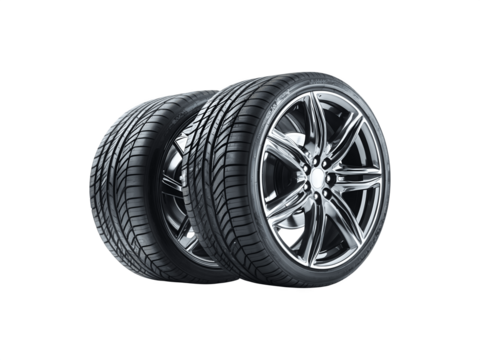 New car tires displayed, highlighting their tread pattern and rubber texture