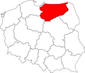 Map of Poland with Warmian-Masurian (Warmińsko-Mazurskie) Voivodeship highlighted. A detailed vector for geographic, administrative, and regional analysis. Perfect for educational and travel content.
