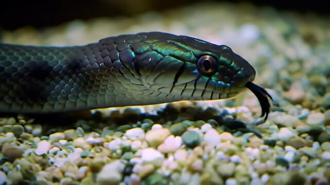 Close-up of a green snake with iridescent scales and extended forked tongue