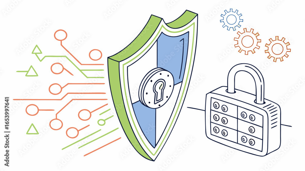 Poster cybersecurity shield protection padlock security system technology network defense security solution