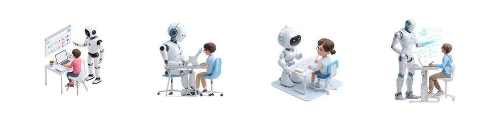 Set of robots teaching and guiding students PNG