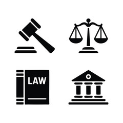 A set of 4 law and justice icons gavel, scales of justice, law book, courthouse building. Heavy weight, solid black vector graphics. Symbolizing legal services.