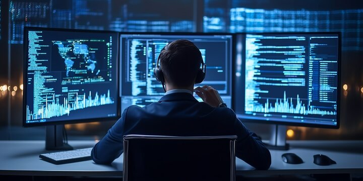 Professional working on multiple computer screens displaying data analysis and code - Powered by Adobe