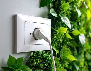 White electrical outlet with a plug, next to a wall of green plants