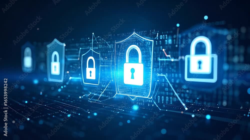 Poster digital security visuals showcasing cyber protection, cybersecurity, and data encryption protocols