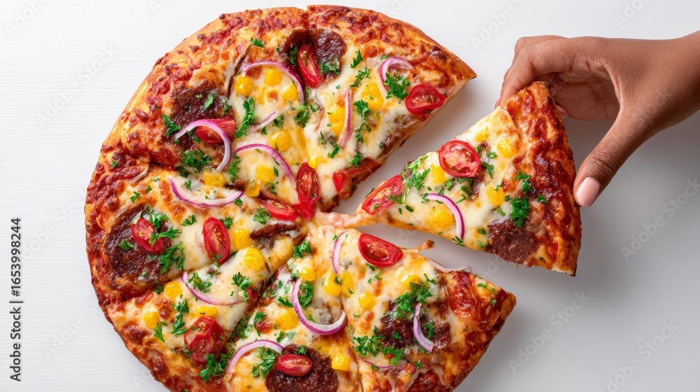 Poster slice of pizza with onions and tomatoes is being held by a person. the pizza is cut into a triangle 