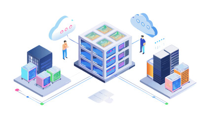 Isometric cloud computing network server data center connection diagram technology infrastructure solution