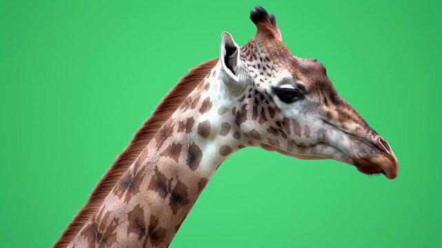 Close-up of a Giraffe's Head and Neck Isolated on a Bright Green Background