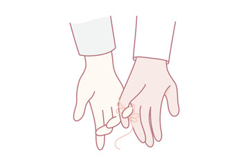 Multiracial couple hands tied with red thread as symbol of bonding and connection. Linked multiethnic man and woman show love and affection. Nonverbal communication. Vector illustration.