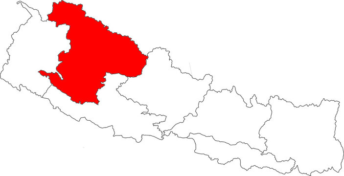 Map of Nepal with Karnali Province highlighted. A detailed vector for geographic, administrative, and regional analysis. Perfect for educational and travel content.

