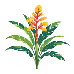 Vibrant tropical heliconia flower with green leaves isolated on white background