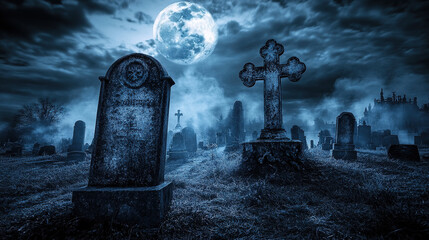 Moonlit graveyard with crumbling tombstones, ghostly apparitions, thick fog, gothic horror dark fantasy