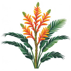 Vibrant orange and yellow heliconia flower with green leaves isolated on white background