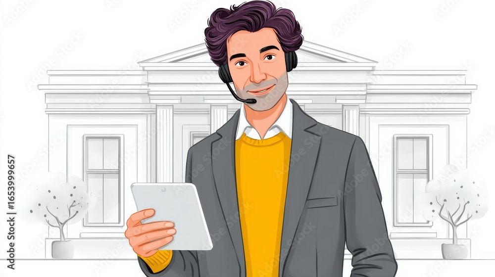 Poster man in a suit holding a tablet and wearing a headset. he is standing in front of a building