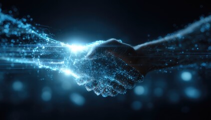 Digital handshake against a dark background