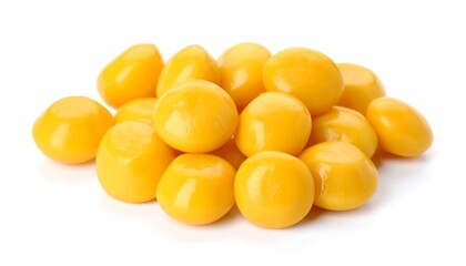 Pile of bright yellow, round, glossy food items