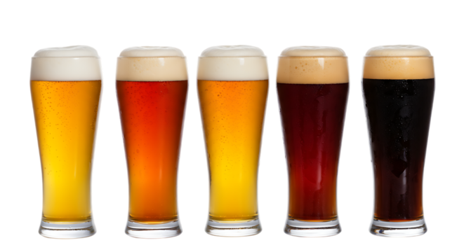 Row of different types of beer in glasses, Isolated on transparent background